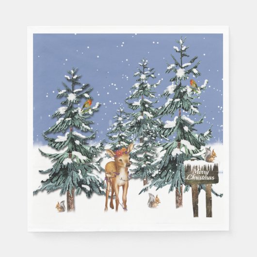 Serviette En Papier Noël hiver Wonderland Cerfs Pins Arbres (Devant)
