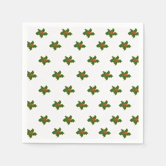 Serviette En Papier Noël Holly Motif Red Berries Feuilles verts (Devant)