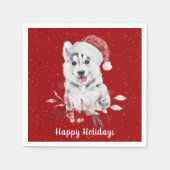 Serviette En Papier Noël Husky sur les serviettes rouges (Devant)