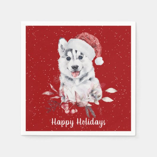 Serviette En Papier Noël Husky sur les serviettes rouges (Devant)