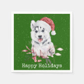 Serviette En Papier Noël Husky sur vert (Devant)
