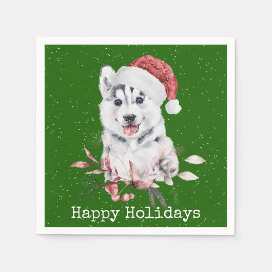 Serviette En Papier Noël Husky sur vert (Devant)