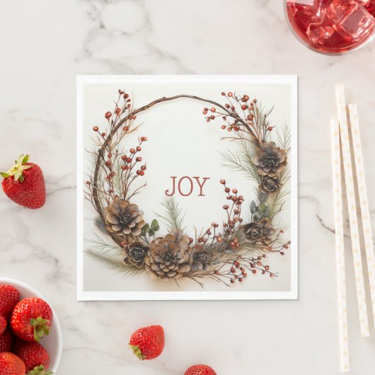 Serviette En Papier Noël Joie Twig Pine à courge cônes Baies rouges (En situation)