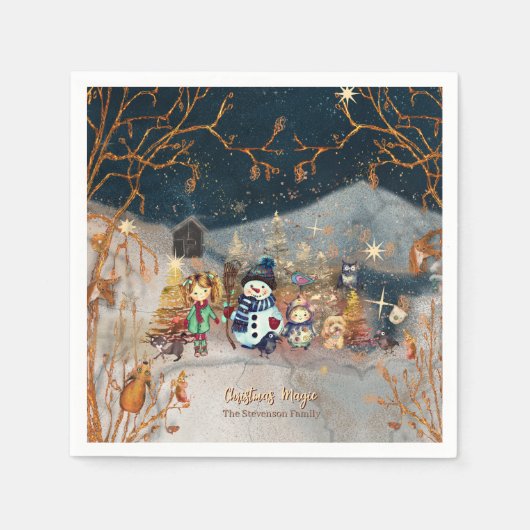 Serviette En Papier Noël Magique Snowman Papier Bleu Napkin (Devant)