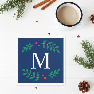 Serviette En Papier Noël Monogramme Laurier Bleu Marine Rustique