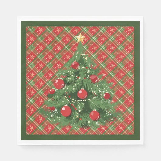 Serviette En Papier Noël Plaid Rouge, Vert avec Flèche-Neige Or (Devant)