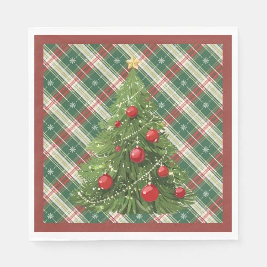Serviette En Papier Noël Plaid vert, blanc avec rouge (Devant)