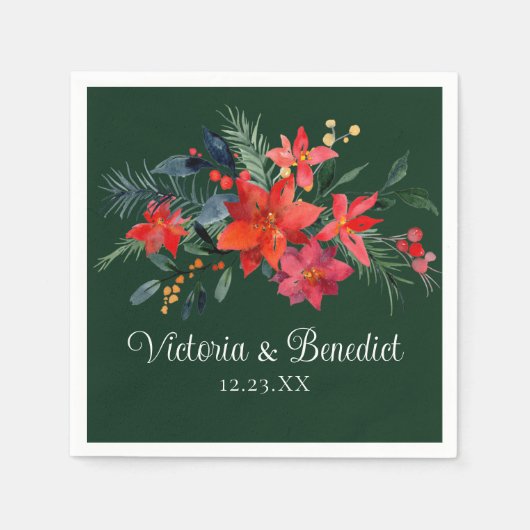 Serviette En Papier Noël Poinsettia Élégant Mariage Floral Vert (Devant)