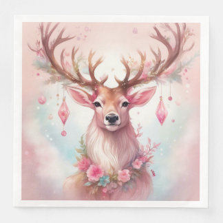 Serviette En Papier Noël rose : Renne avec une fleur rose