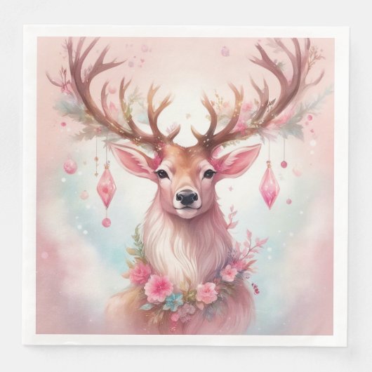 Serviette En Papier Noël rose : Renne avec une fleur rose (Devant)