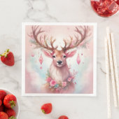 Serviette En Papier Noël rose : Renne avec une fleur rose (En situation)