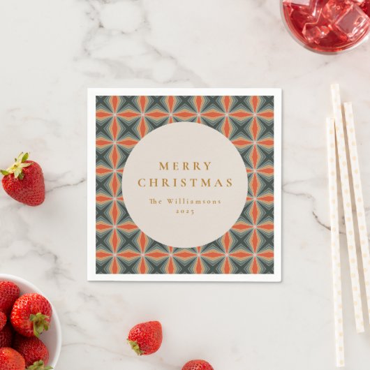 Serviette En Papier Noël Rouge Vert Mi-Siècle Étoiles Personnalisé (En situation)
