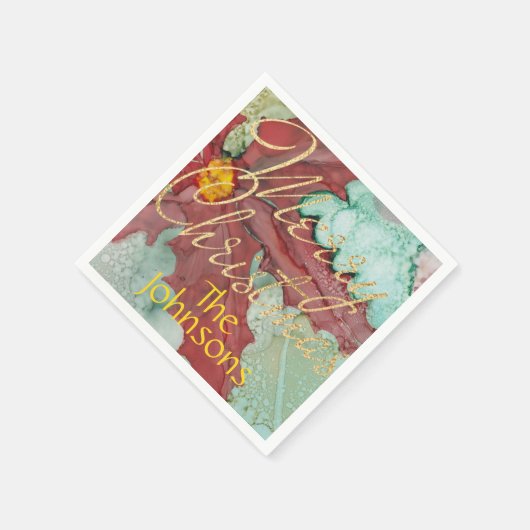 Serviette En Papier Noël Rouge Vert or Pointsettia (Coin)