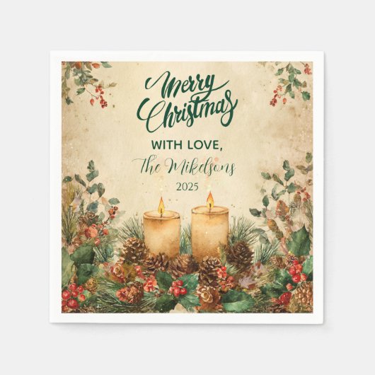 Serviette En Papier Noël Rustique à la bougie Pinecone (Devant)