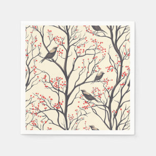 Serviette En Papier Noël rustique Oiseaux Baies rouges Crème