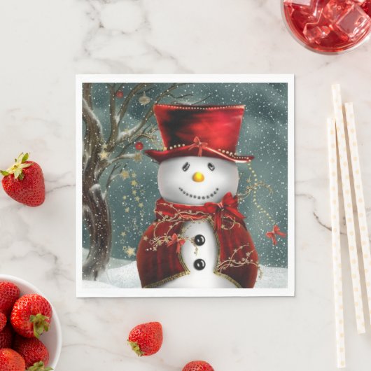 Serviette En Papier Noël Snowman Red Casquette & Veste neige (En situation)