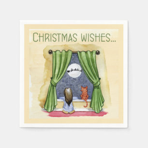 Serviette En Papier Noël Souhaite Mignonne Enfant & Kitty Chat Noël