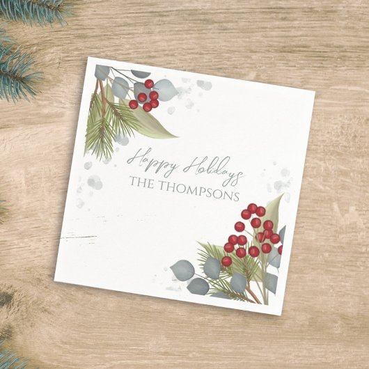 Serviette En Papier Noël Vacances Holly Berries Verdure Argent