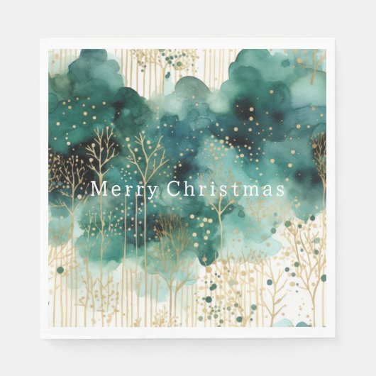 Serviette En Papier Noël Vert Or Blanc Arbres (Devant)