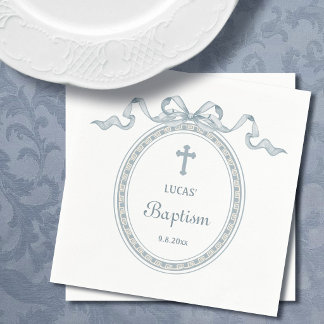 Serviette En Papier Nœud Bleu Poussiéreux Cadre Grec Baptême