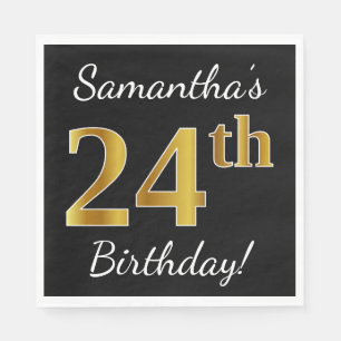 Serviette En Papier Noir, anniversaire d'or de Faux 24ème + Nom fait