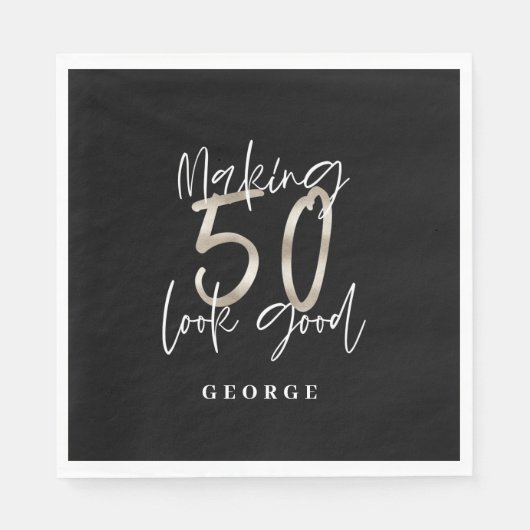 Serviette En Papier Noir argent 50e anniversaire moderne élégant (Devant)