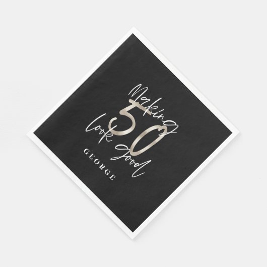 Serviette En Papier Noir argent 50e anniversaire moderne élégant (Coin)