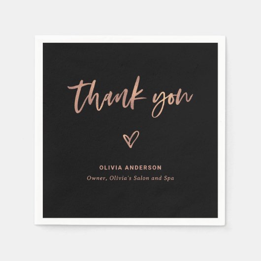 Serviette En Papier Noir avec Rose Gold Script et Coeur | Merci (Devant)