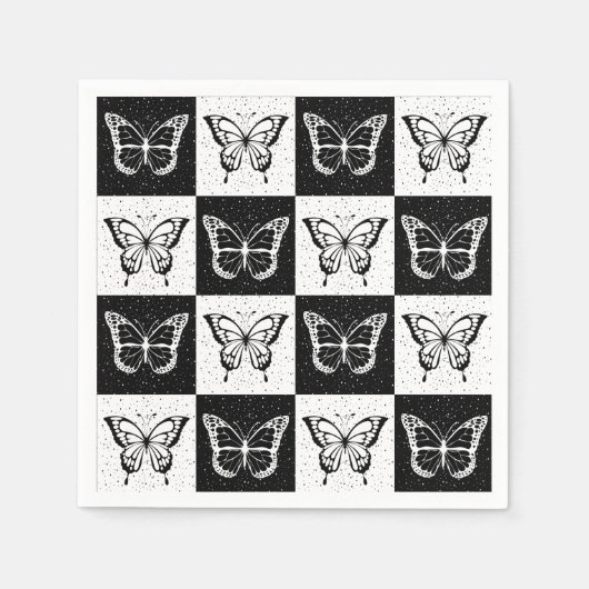 Serviette En Papier Noir blanc À damiers conception papillon (Devant)