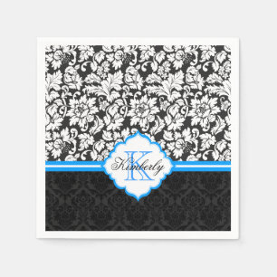 Serviette En Papier Noir Blanc & Bleu Vintage Damas florales