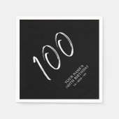 Serviette En Papier Noir & Blanc | Brosse Script 100e fête d'anniversa (Devant)