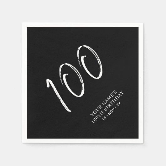 Serviette En Papier Noir & Blanc | Brosse Script 100e fête d'anniversa (Devant)