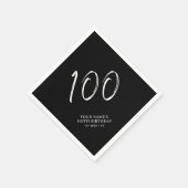Serviette En Papier Noir & Blanc | Brosse Script 100e fête d'anniversa (Coin)