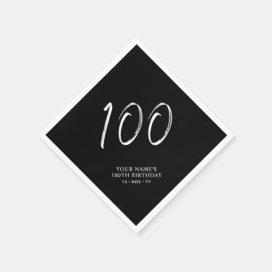 Serviette En Papier Noir & Blanc   Brosse Script 100e fête d'anniversa