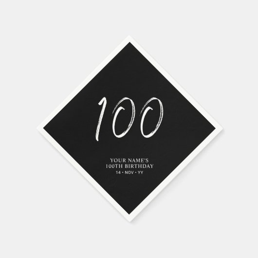 Serviette En Papier Noir & Blanc | Brosse Script 100e fête d'anniversa (Coin)
