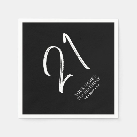 Serviette En Papier Noir & Blanc | Brosse Script 21e fête d'anniversai (Devant)
