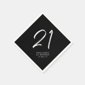 Serviette En Papier Noir & Blanc | Brosse Script 21e fête d'anniversai (Coin)