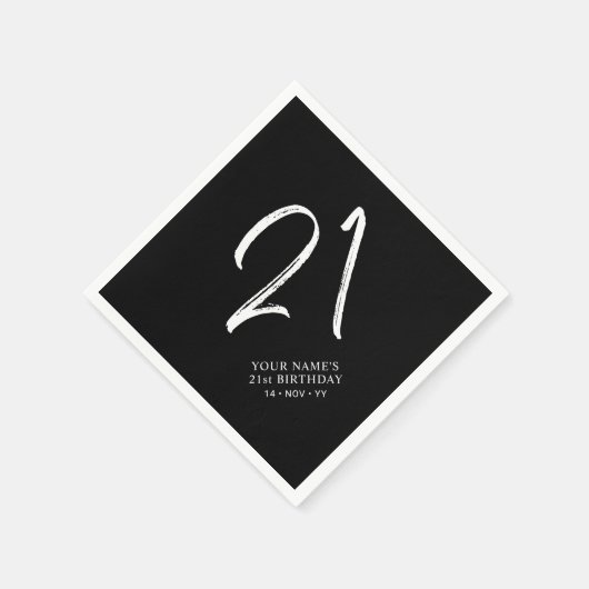 Serviette En Papier Noir & Blanc | Brosse Script 21e fête d'anniversai (Coin)