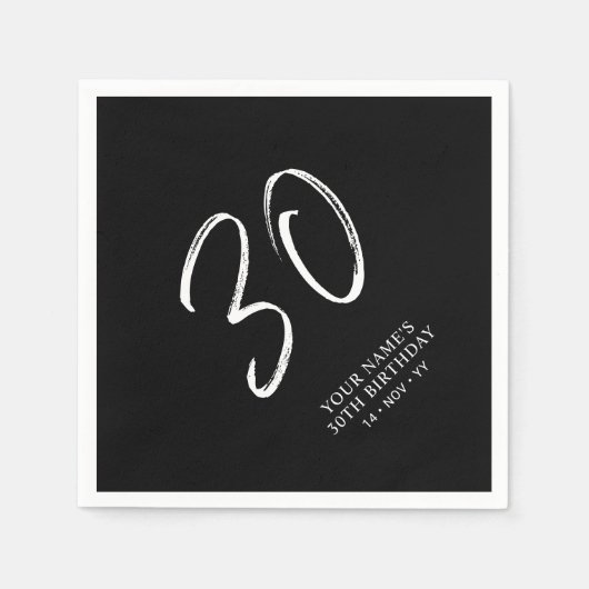 Serviette En Papier Noir & Blanc | Brosse Script 30e fête d'anniversai (Devant)