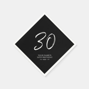 Serviette En Papier Noir & Blanc   Brosse Script 30e fête d'anniversai