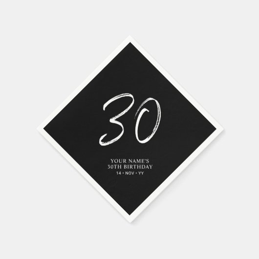 Serviette En Papier Noir & Blanc | Brosse Script 30e fête d'anniversai (Coin)