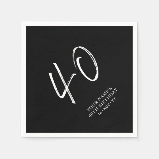 Serviette En Papier Noir & Blanc | Brosse Script 40e fête d'anniversai (Devant)
