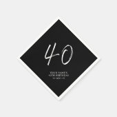 Serviette En Papier Noir & Blanc | Brosse Script 40e fête d'anniversai (Coin)