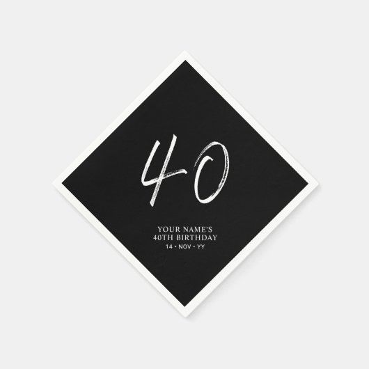 Serviette En Papier Noir & Blanc | Brosse Script 40e fête d'anniversai (Coin)