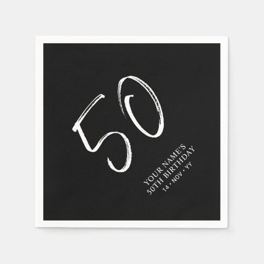 Serviette En Papier Noir & Blanc | Brosse Script 50e fête d'anniversai (Devant)