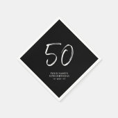 Serviette En Papier Noir & Blanc | Brosse Script 50e fête d'anniversai (Coin)