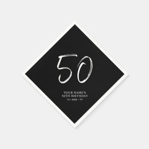 Serviette En Papier Noir & Blanc   Brosse Script 50e fête d'anniversai