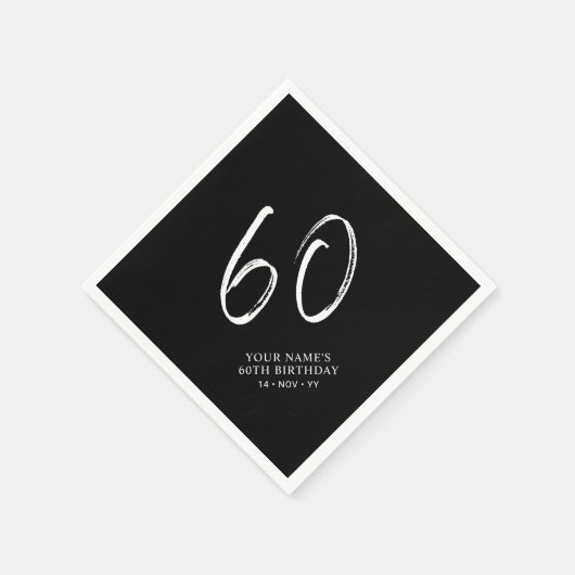 Serviette En Papier Noir & Blanc | Brosse Script 60e fête d'anniversai (Coin)