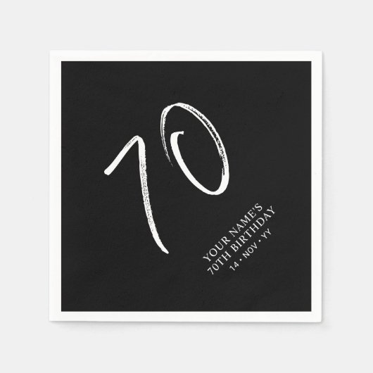 Serviette En Papier Noir & Blanc | Brosse Script 70e fête d'anniversai (Devant)