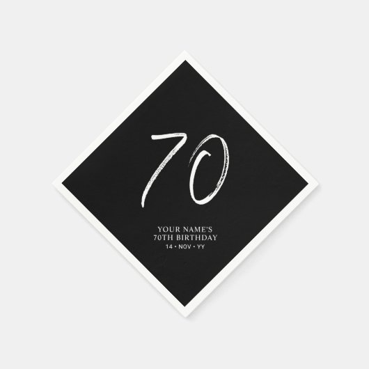 Serviette En Papier Noir & Blanc | Brosse Script 70e fête d'anniversai (Coin)